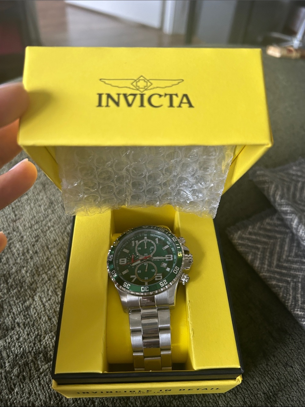 Invicta Silver Bracelet Watch with Green Dial and Bezel